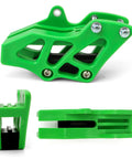 Beefed-Up Chain Guide Slider With Swingarm Roller Replacement For KX250F 2009-2020 And KX450F 2009-2018 Dirt Bikes Green Durable Plastic Guard For Smooth Shifts And Longer Chain Life shown in green plastic with steel bolts, side and bottom views.