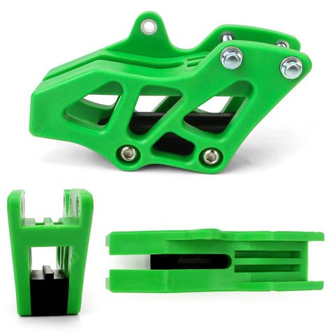 Beefed-Up Chain Guide Slider With Swingarm Roller Replacement For KX250F 2009-2020 And KX450F 2009-2018 Dirt Bikes Green Durable Plastic Guard For Smooth Shifts And Longer Chain Life shown in green plastic with steel bolts, side and bottom views.