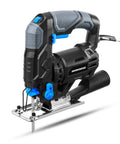 Hammerhead 4.8-Amp jig saw with 2 wood blades, corded, blue/black housing, front view.