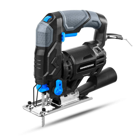 Hammerhead 4.8-Amp jig saw with 2 wood blades, corded, blue/black housing, front view.