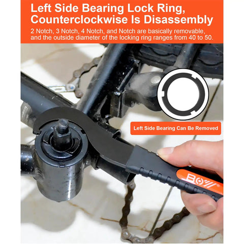 Pro Grade Lock Spanner For Bike Bottom Bracket Removal Tool in use on vintage bicycle notched cup, left side bearing removed.