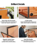 Close-up view showing features of Laser Engraver Enclosure Cabinet With Exhaust And Ventilation Fan, including power strip, cable outlets, and handles.