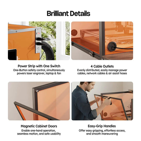 Close-up view showing features of Laser Engraver Enclosure Cabinet With Exhaust And Ventilation Fan, including power strip, cable outlets, and handles.