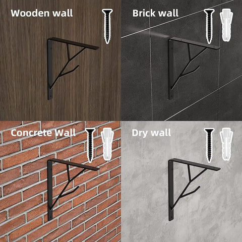 Black 8 Inch Heavy Duty Floating Shelf Brackets Set of 4 with Rustic Tree Branch Design mounted on various wall types with screws