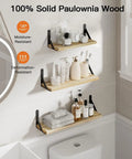 Solid Natural Paulownia Wood Floating Shelves Set Of Six, Heavy Duty Wall Mounted Storage Rack For Living Room Or Bedroom, No Sweat Setup And Super Chic Rustic Vibe, Premium Quality Craftsmanship That Elevates Every Corner With Flair, showcasing three mounted shelves with bathroom essentials.