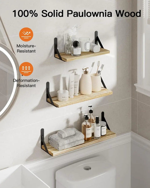 Solid Natural Paulownia Wood Floating Shelves Set Of Six, Heavy Duty Wall Mounted Storage Rack For Living Room Or Bedroom, No Sweat Setup And Super Chic Rustic Vibe, Premium Quality Craftsmanship That Elevates Every Corner With Flair, showcasing three mounted shelves with bathroom essentials.