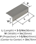 Diagram of a Sleek Satin Nickel Edge Pull 3 Inch Center To Center Contemporary Cabinet Hardware showing dimensions and parts.