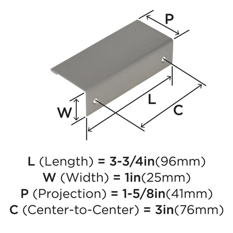 Diagram of a Sleek Satin Nickel Edge Pull 3 Inch Center To Center Contemporary Cabinet Hardware showing dimensions and parts.