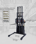 ApolloLift Fully Powered Electric Stacker With Straddle Legs Offers 3300 Lb Capacity And 118 Inch Max Lift Height For Easy Handling showing adjustable fork widths in warehouse.