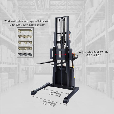 ApolloLift Fully Powered Electric Stacker With Straddle Legs Offers 3300 Lb Capacity And 118 Inch Max Lift Height For Easy Handling showing adjustable fork widths in warehouse.