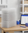 Stack of Self Seal Bubble Bags 100 Pack Reusable PE Cushioning Pouches With Self Adhesive Closure on a table in a workspace