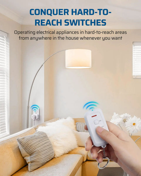 Person using Plug And Play Wireless Remote Outlet Switch With 100ft RF Range No Wiring No Fuss Setup Easy To Use For Hard To Reach Sockets.