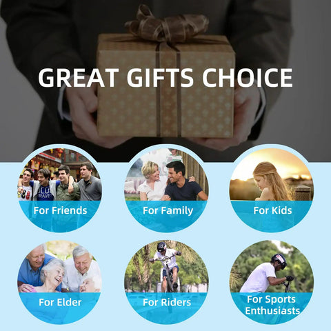 Person holding a gift box labeled 'Great Gifts Choice' with icons for friends, family, kids, elders, riders, and sports enthusiasts.