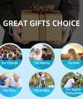 Gift box held with text "Great Gifts Choice" and images for friends, family, kids, elder, riders, and sports enthusiasts.