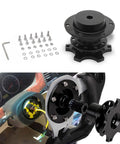 Universal Steering Wheel Quick Release Snap Off Hub Adapter Six Hole Boss Kit for Street Racing and Rally Mods, black aluminum and installation components.