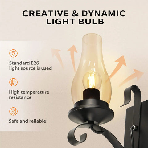 Close-up of amber glass shade on Cozy Farmhouse Style Wall Sconces Set Of Two LED Bulb Included amber glass black metal fixture
