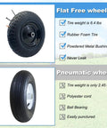 Two Pack 14.5x3.50-8 Flat Free Wheel Set With Steel Rim comparison with pneumatic wheels, showing benefits of flat free design.