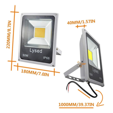 50W Warm White LED Flood Light Kit 12V DC To 60V Low Voltage Security Light, front and side view with measurements.