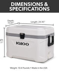 54 Qt Marine Ultra Cooler With UV Protection, dimensions labeled, durable handles and hinges, white