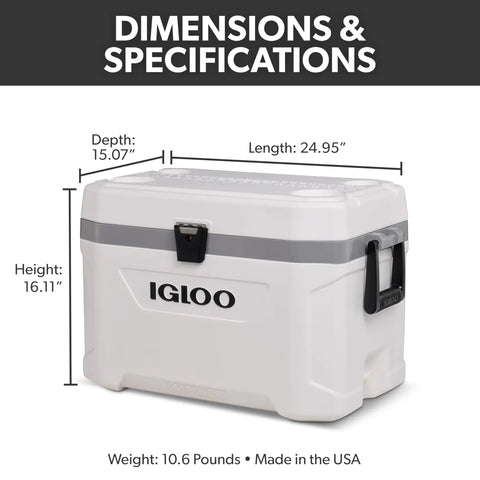 54 Qt Marine Ultra Cooler With UV Protection, dimensions labeled, durable handles and hinges, white