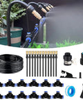 Drip Irrigation Kit With Quick Connector For Automatic Garden Lawn And Patio Watering Fifty Feet Tubing Twelve 360 Degree Bend Droppers Twelve Atomizing Copper Nozzles Tee Fittings Universal Faucet Connector Cutter And Cable Ties.