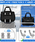 Carry On Duffel Bag For Air Travel And Personal Item, black, on suitcase and size guide, fits overhead bin, airplane interior.