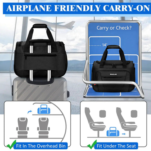 Carry On Duffel Bag For Air Travel And Personal Item, black, on suitcase and size guide, fits overhead bin, airplane interior.