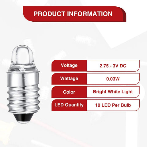 Product information for 10 Pack E10 LED Bulbs For 3V Miniature Flashlights Replacement Bulbs Mini Lamps Cool White Light
