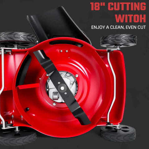 18 Inch Self Propelled Gas Lawn Mower With 131cc DV Engine 8 Cutting Heights Rear Wheel Drive Push Walk Behind 3 In 1 Mulching Side Discharge And Rear Bag Perfect For Yards And Landscaping On Hills And Rough Terrain. Underside view with 18-inch steel blade