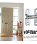 Adjustable butt hinge shown beside a closed beige door with installed hinge, highlighting its three-dimensional adjustability.