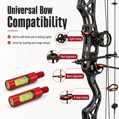 Plug And Play Berger Hole Archery Level Two Pack Slick Aluminum Aligner showing bow compatibility and tuning features.