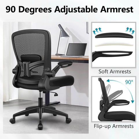 All Day Comfort Ergonomic Office Chair With Breathable Mesh shown in black with 90-degree adjustable flip-up armrests