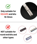 Diagram showing compatibility of Hand Crank Brace Drill 12.8 Inch With 4 Jaw Chuck For Square End Bits Only, not for round bits.