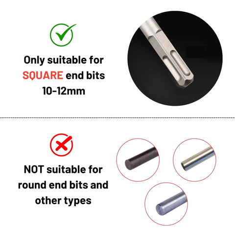 Diagram showing compatibility of Hand Crank Brace Drill 12.8 Inch With 4 Jaw Chuck For Square End Bits Only, not for round bits.
