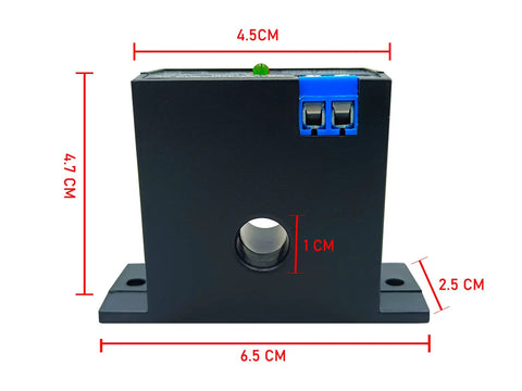 No Fuss AC Current Sensing Relay With 0 To 30 Amp Range Featuring Normally Closed Contacts and Lightning Fast Solid State Triggering, front view with dimensions.