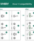 Yamiry smart door lock with keypad - door compatibility diagram showing before/after installation of lever and deadbolt setups