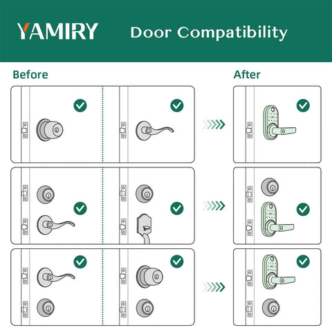 Yamiry smart door lock with keypad - door compatibility diagram showing before/after installation of lever and deadbolt setups