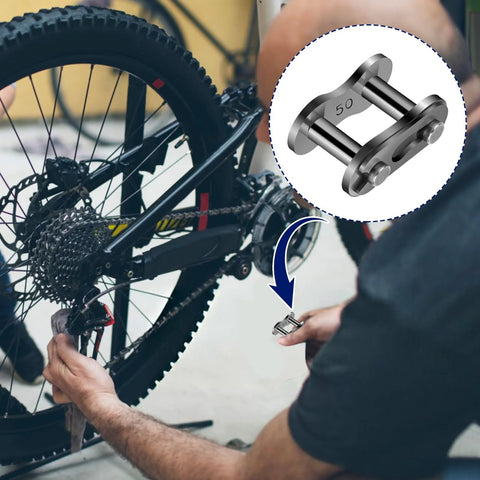 Close-up of Ten Pieces Size 50 Roller Chain Connecting Links Master Connector Link Heavy Duty Standard for bicycle repair.