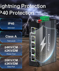 Five Port 100Mb Unmanaged Industrial Ethernet Switch with DIN Rail Mount and IP40 Protection showcasing 4KV lightning surge protection.