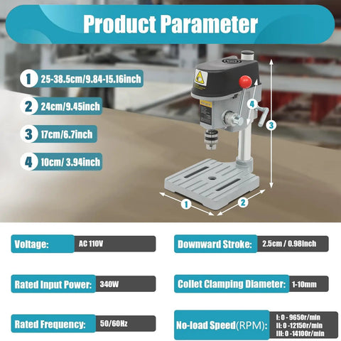 A Smooth Operator Benchtop Drill Press Designed to Handle Any Project Without Breaking a Sweat Delivers Up to 16000 RPM With Its 340 Watt Motor Featuring Three Adjustable Speeds and a Built Laser Sight for Spot On Accuracy, showcasing product parameters and dimensions.