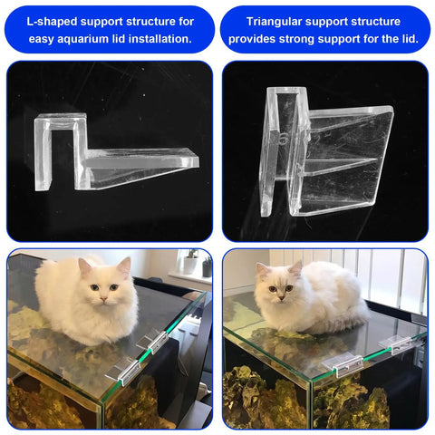 Slick Clear Aquarium Lid Clips 16 Piece Set For Rimless Fish Tank Glass Covers And Acrylic Hoods, featuring L-shaped and triangular support structures.