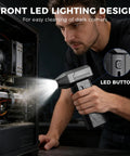 Man using Beast Mode Cordless Air Duster With 130000 RPM Brushless Motor to clean a computer with LED light in dark corner