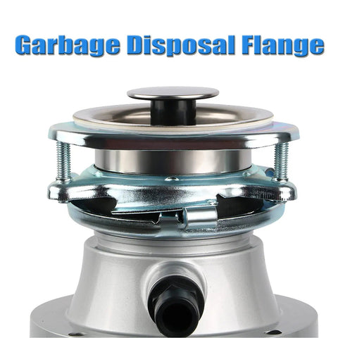 Heavy Duty Ridiculously Tough 3 Bolt Kitchen Sink Flange Kit With Stainless Steel Build And Splash Guard For Garbage Disposal close up of flange assembly