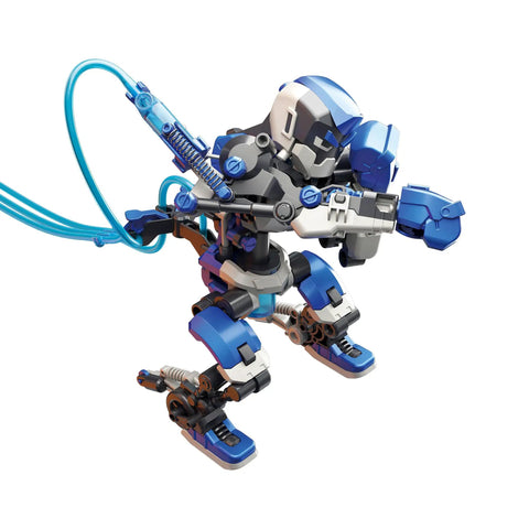 Hydraulic Boxing Bots STEM Experiment Kit Build Two Hydraulic Powered Boxing Robots Explore Water Powered Systems And Gear Up For A Rival Robot Duel Hands On Learning Experience For Kids And Teens, blue robot close-up angle.