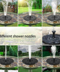 Solar Powered Circle Fountain Pump 1.4W With 6 Nozzles Floating Garden Water Pump Kit showing various spray patterns