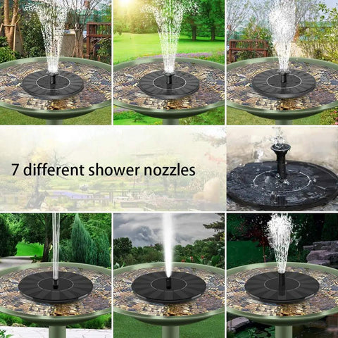Solar Powered Circle Fountain Pump 1.4W With 6 Nozzles Floating Garden Water Pump Kit showing various spray patterns
