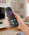 Hand holding one remote from 4 Pack Replacement Remote For Roku TV No Setup Required Plug And Play Backup Remote Works With TCL Hisense