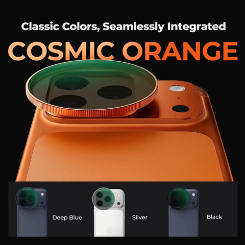 Cosmic Orange Snap On Variable ND Filter For iPhone 17 Pro and Pro Max with Deco Mount on orange phone