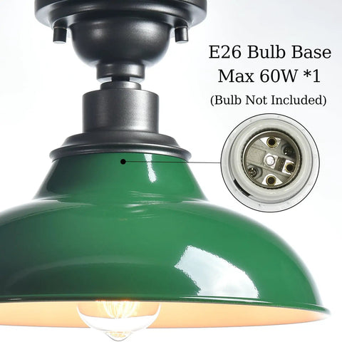 Close-up of Industrial 12 Inch Semi Flush Mount Ceiling Light with Green Barn Style Lampshade and Gray Fixture, E26 base