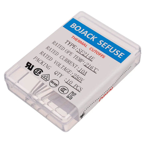 SF214E 10A 250V Thermal Fuse Pack Of 10 For Electronics And Appliances, 216 Degrees Celsius Cutoff, Organic Type Thermal Cutoff Fuses For High Temp Safety And Overheat Protection, plastic case